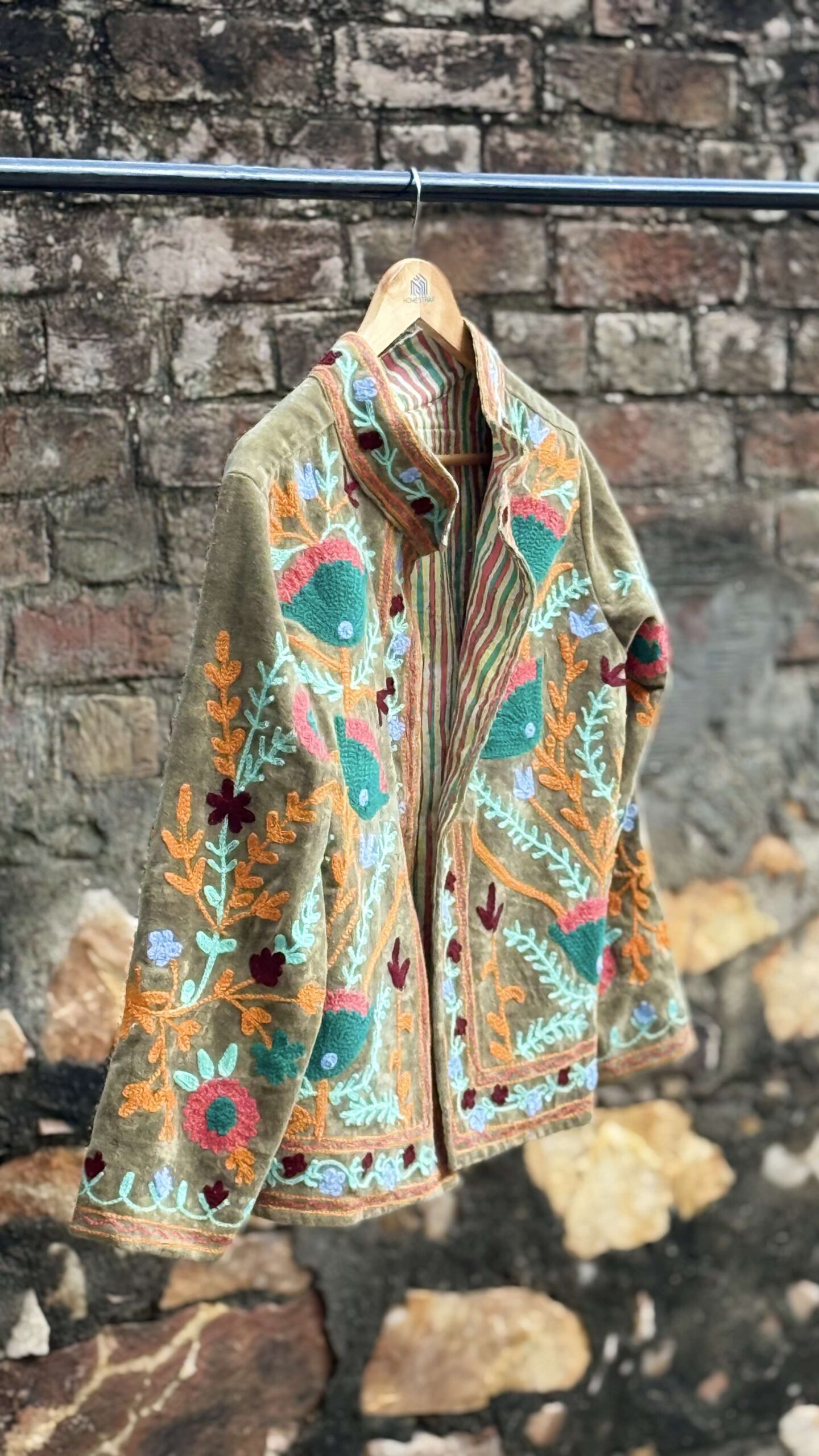 Womens Olive Green Velvet Embroidered Jacket with Floral Design - Image 4
